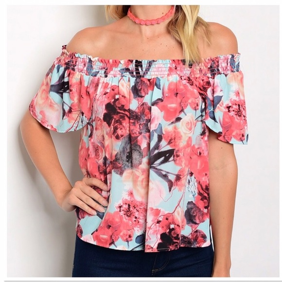 Aqua and Coral Floral Off Shoulder Top - Picture 2 of 3